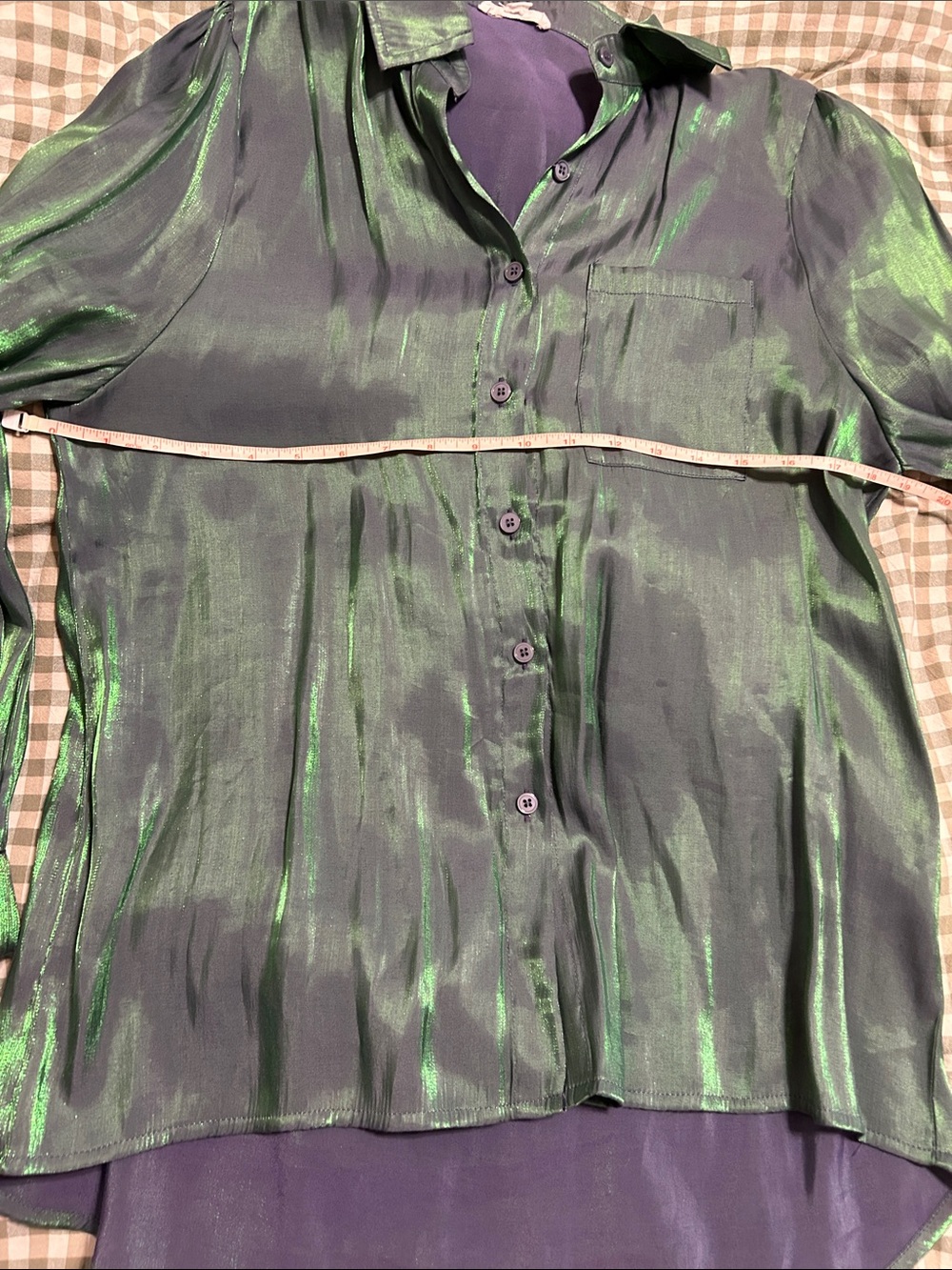 Metallic Green Long-Sleeve Button-Up Blouse - Picture 6 of 6